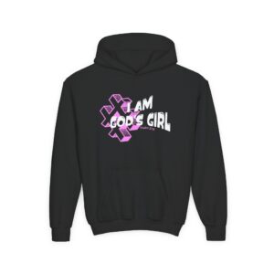 Youth Hoodie — "I Am God's Girl" Christian Faith Graphic Hoodie (Pink Cross Design)