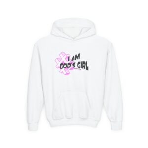 Youth Hoodie — "I Am God's Girl" Pink Cross Christian Faith Sweatshirt