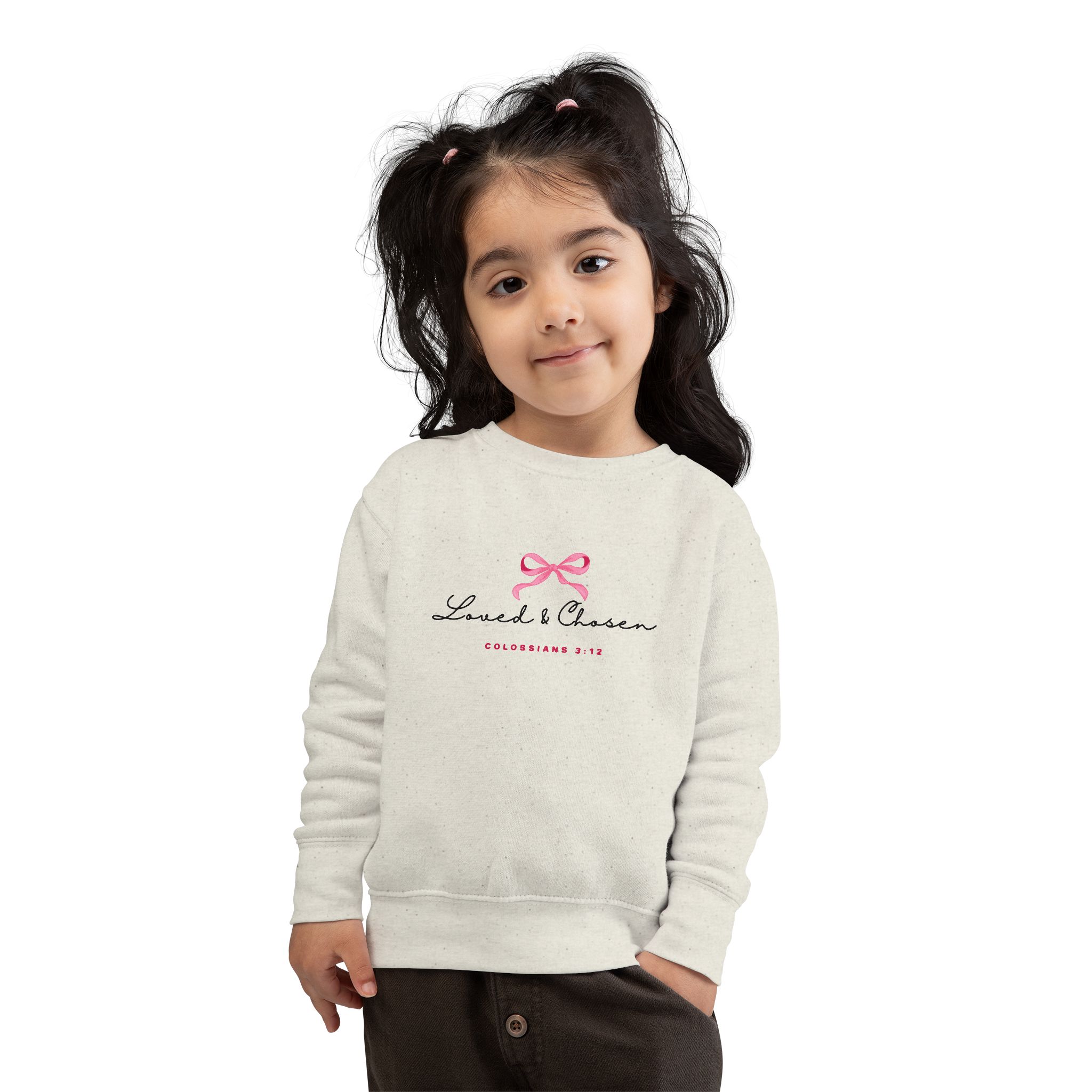 Loved & Chosen Toddler Sweatshirt — Pink Bow Christian Scripture (Colossians 3:12)