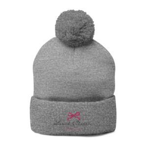Embroidered Pom-Pom Knit Cap — Pink Bow Accent