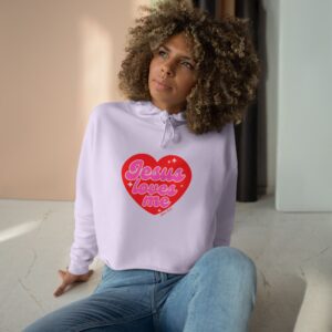 Jesus Loves Me Cropped Hoodie — Pink Heart Faith Graphic