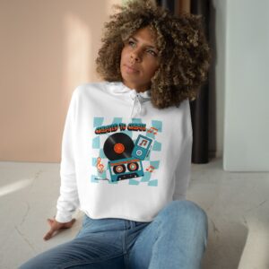 Vintage Music Crop Hoodie — Retro Vinyl & Cassette Graphic "Created to Create" Sweatshirt