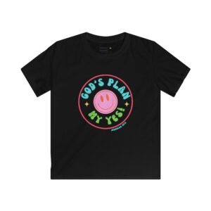 Kids T‑Shirt — "God's Plan My Yes" Cute Smiley Graphic Tee (Pastel)