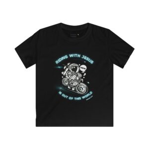 Kids Tee - "Riding with Jesus is Out of This World" Motorcycle Space Graphic