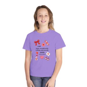 Youth Tee — "I Am Loved" Heart & Candy Kids T‑Shirt (Romans 8:38-39)