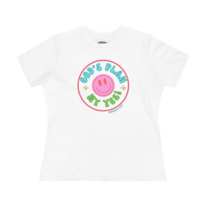 Women's Tee — "God's Plan, My Yes!" Smiley Graphic Cotton T-Shirt